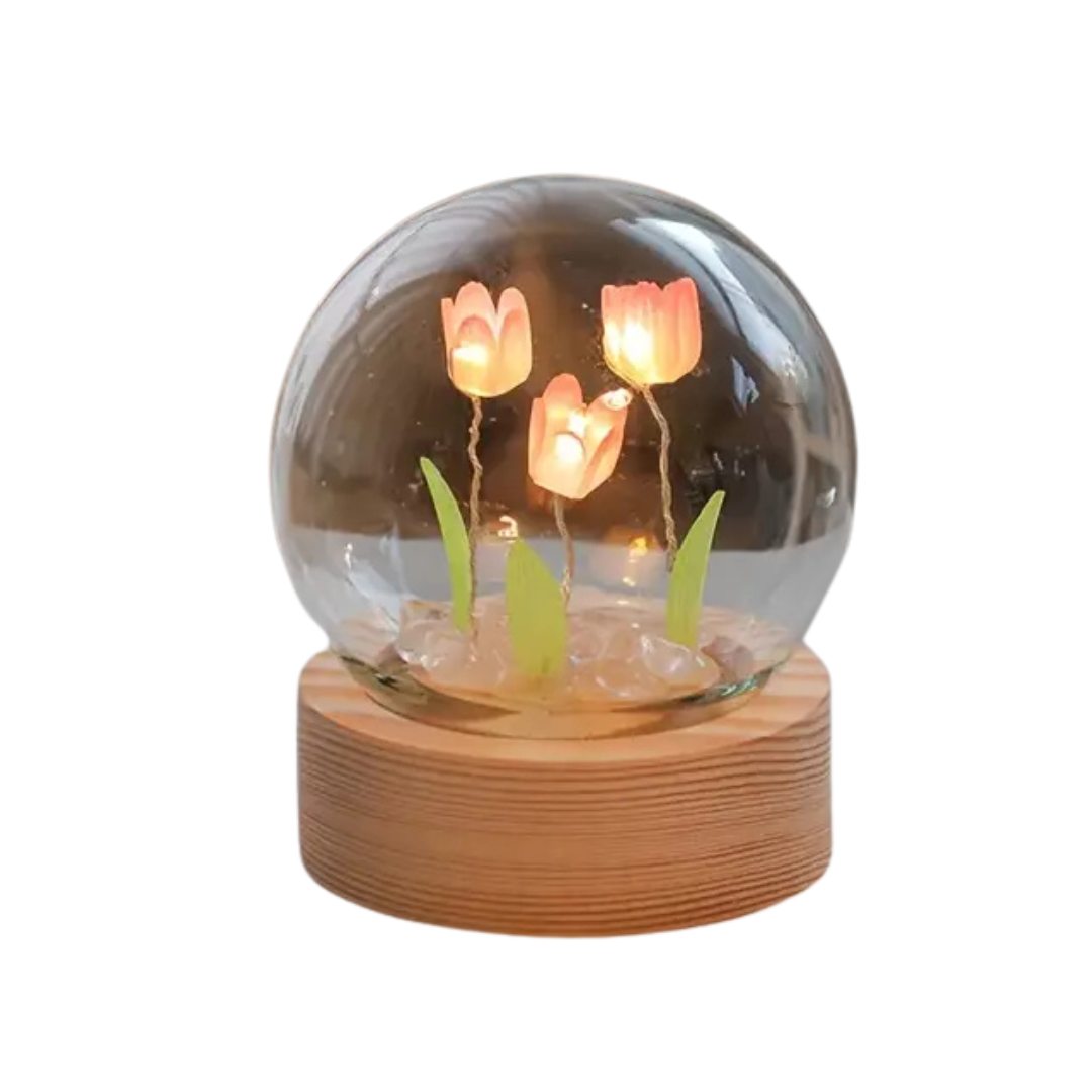 Lámpara Mini Tulipán en Cúpula de Cristal – Luz LED Decorativa